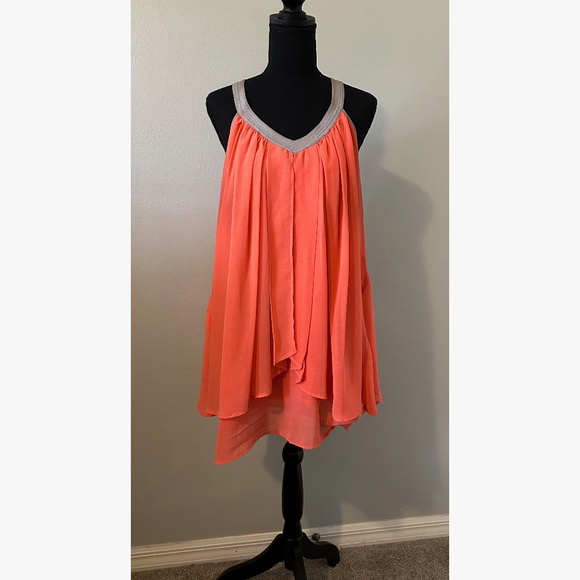 Double Zero Bright Coral Pink Chiffon Layered Dress, size L - Picture 1 of 4
